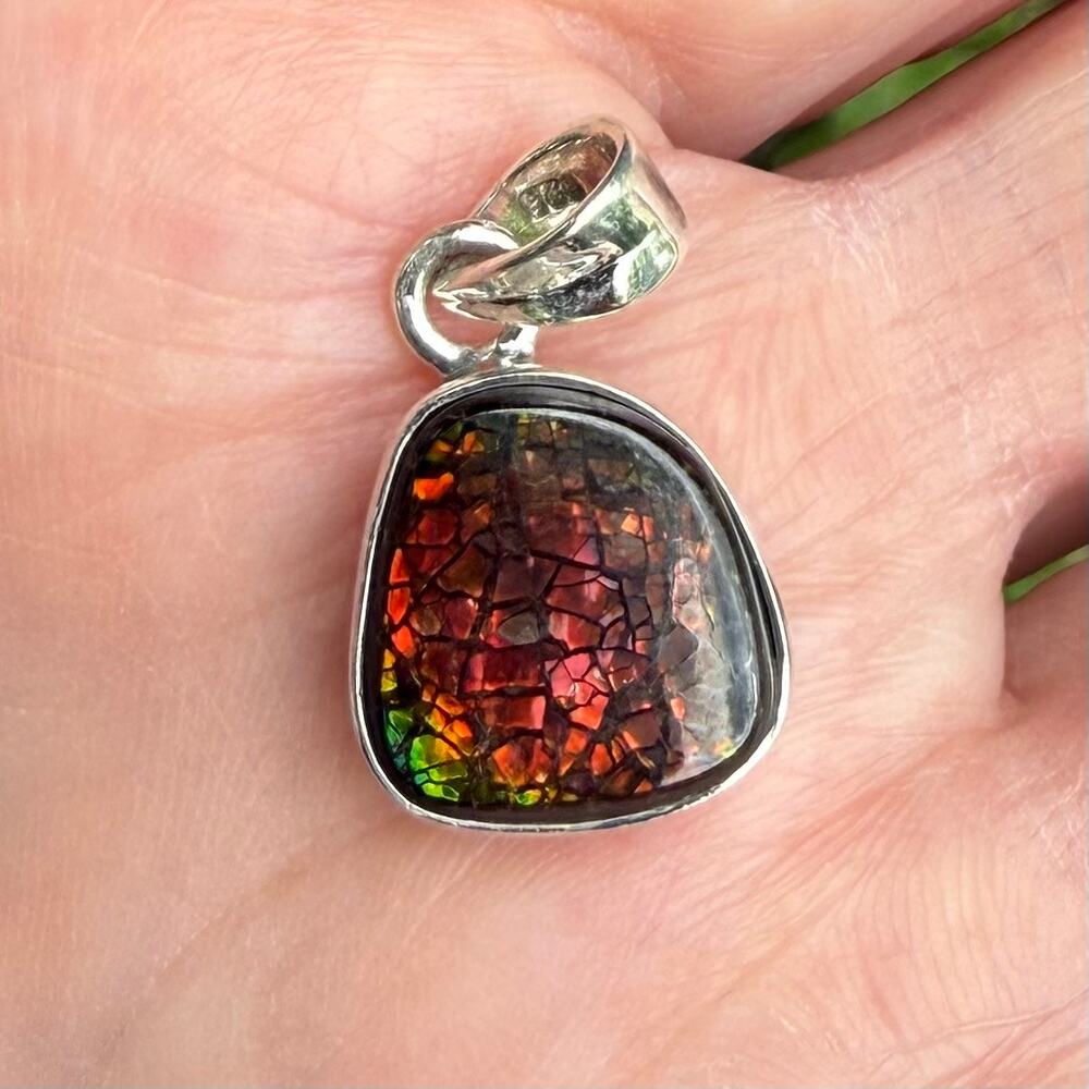 Genuine Ammolite Pendant 925 Sterling Silver Opalized Ammonite Handmade
